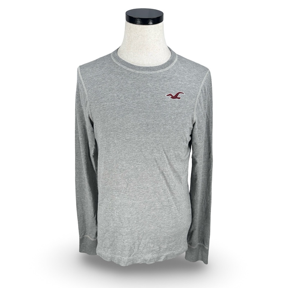 Hollister Y2K Mens Long Sleeve T-Shirt Gray Cotton Embroidered Eagle Logo Medium